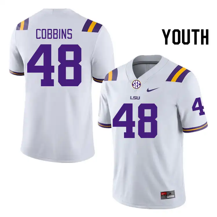 Youth LSU Tigers Kolaj Cobbins #48 White NCAA Football Jersey